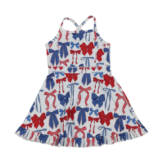 NO MOQ RTS GSD4064 Girl Clothes Red Blue Patriotic Bow Print Sleeveless Criss Cross Strap Ruffle Hem Tennis Dress 202610