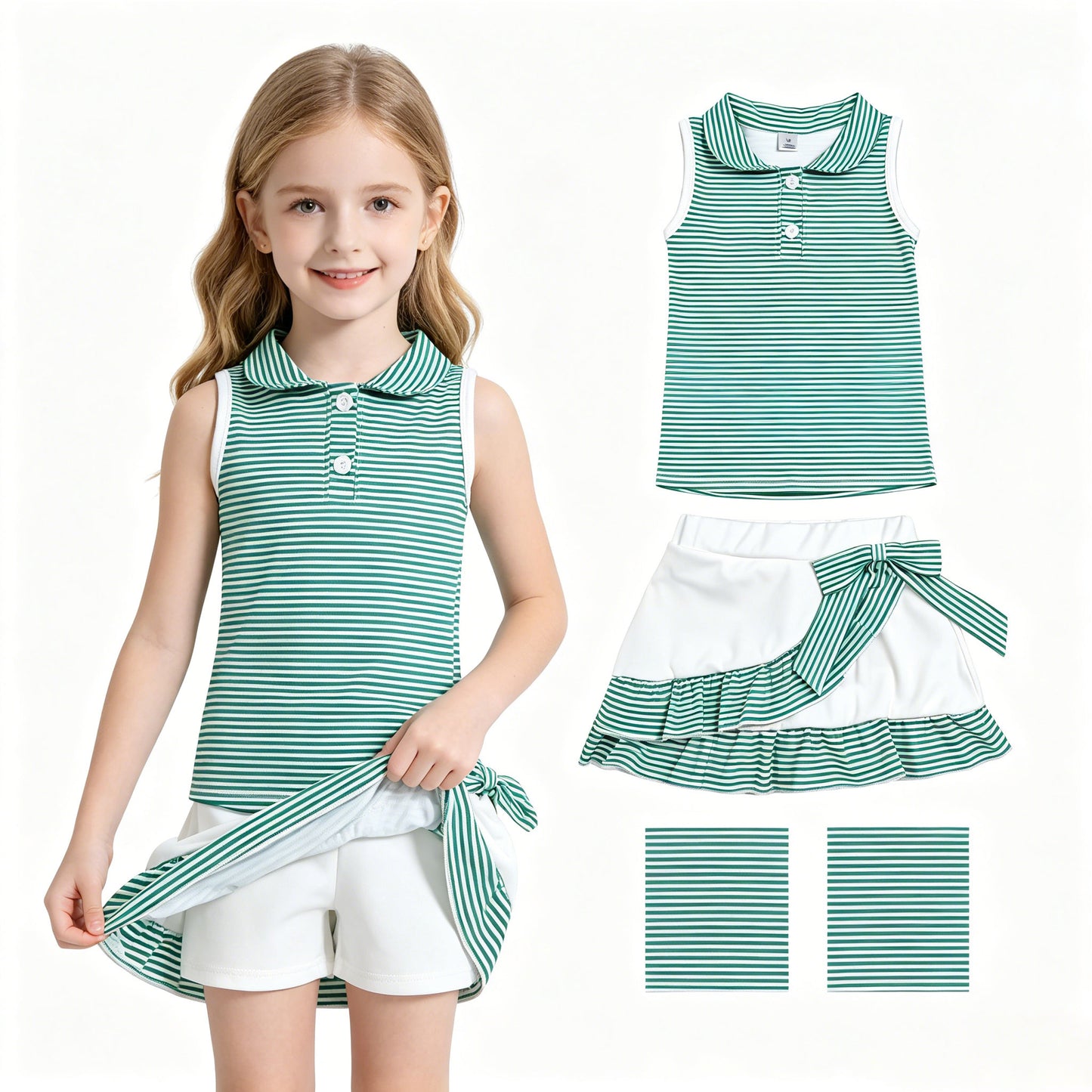 GSD4121  ruffle yoga green stripe sports girl  outfit skirt  202607 RTS