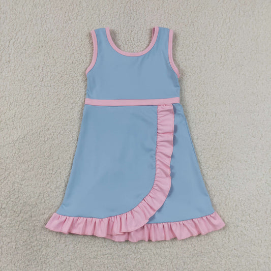 GSD4144  YOGA blue solid  Princess cartoon girl dress ruffle RTS