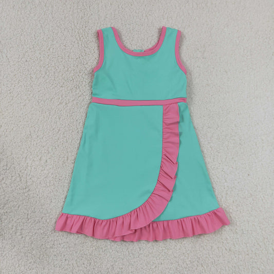 GSD4149 YOGA pink green solid  Princess cartoon girl dress ruffle RTS