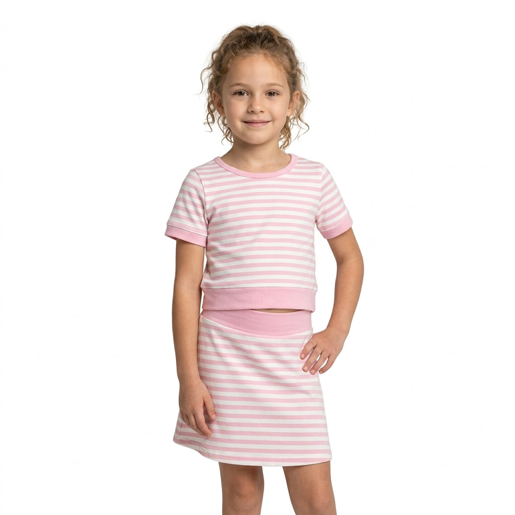 NO MOQ RTS GSD4159-yoga Pink Stripe Girl Set \| Short Sleeve Top & Skirt 2Pcs