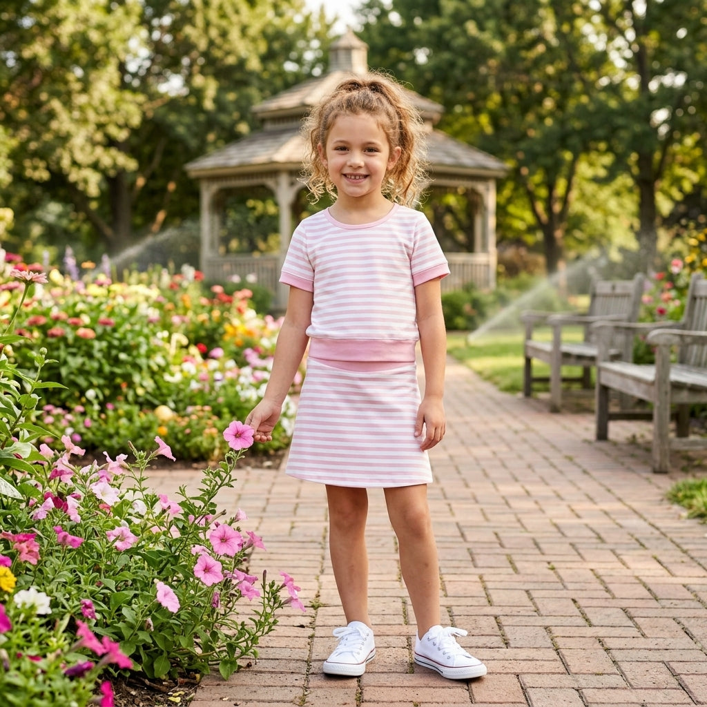 NO MOQ RTS GSD4159-yoga Pink Stripe Girl Set \| Short Sleeve Top & Skirt 2Pcs