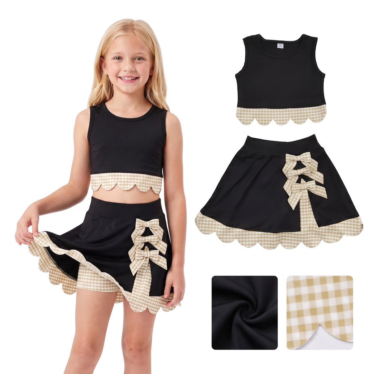GSD4175 yoga scallop black yellow checkboard sports girl  outfit skirt  202609 RTS