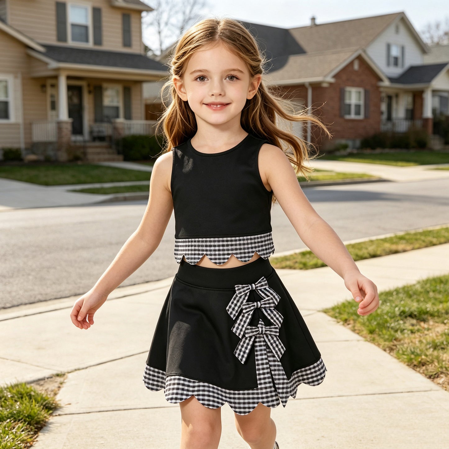 RTS GSD4176 yoga scallop black blue checkboard sports girl  outfit skirt  202608