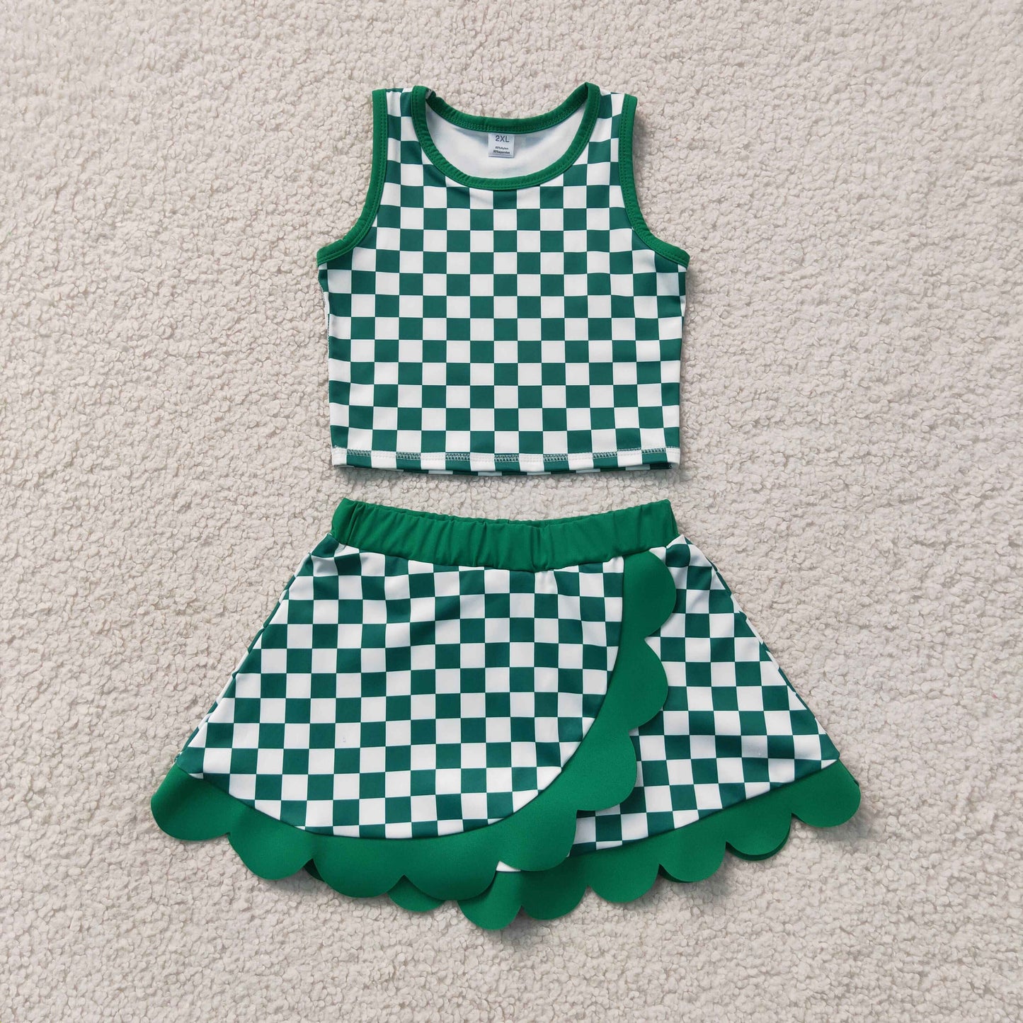GSD4178 ruffle yoga Girls Green Checker Sleeveless Tank Skort Outfit  202607 RTS