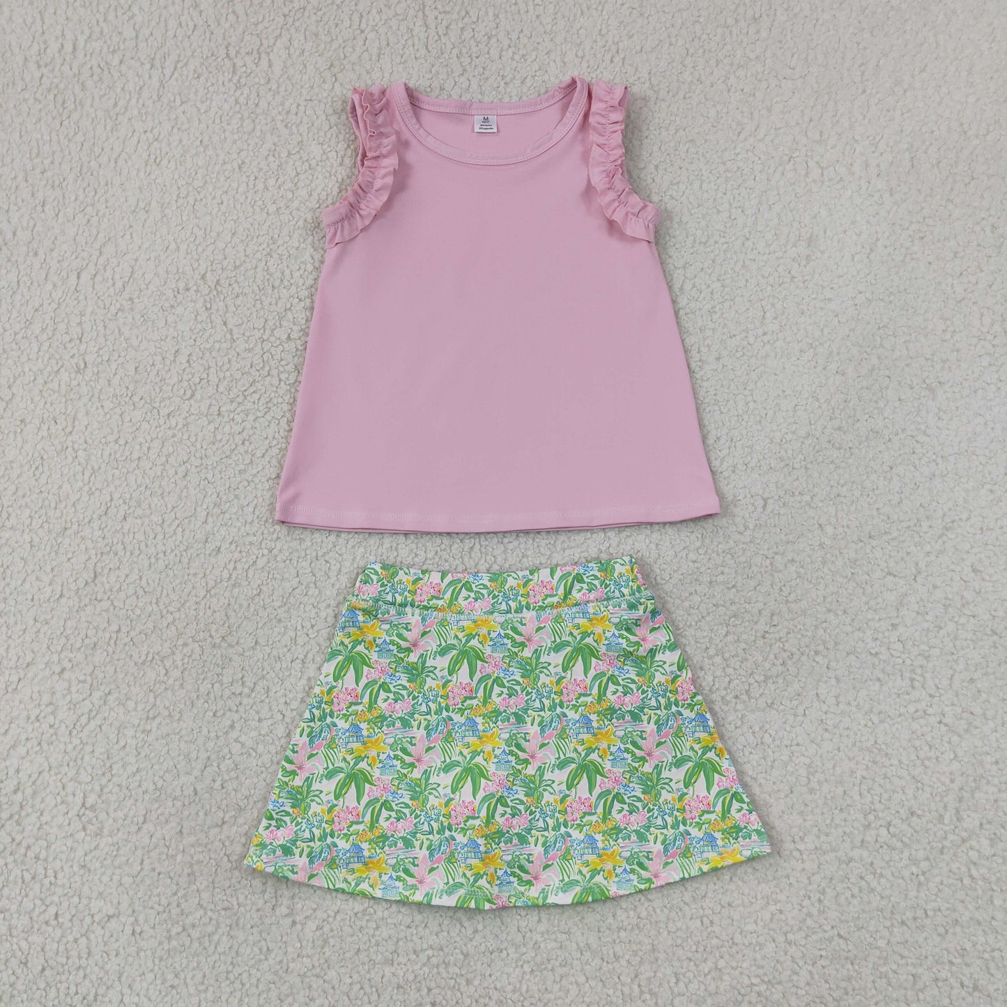GSD4217  yoga Pink Ruffle Strap Tank Green Floral Skort Set 202607 RTS