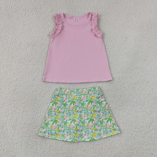GSD4217  yoga Pink Ruffle Strap Tank Green Floral Skort Set 202607 RTS