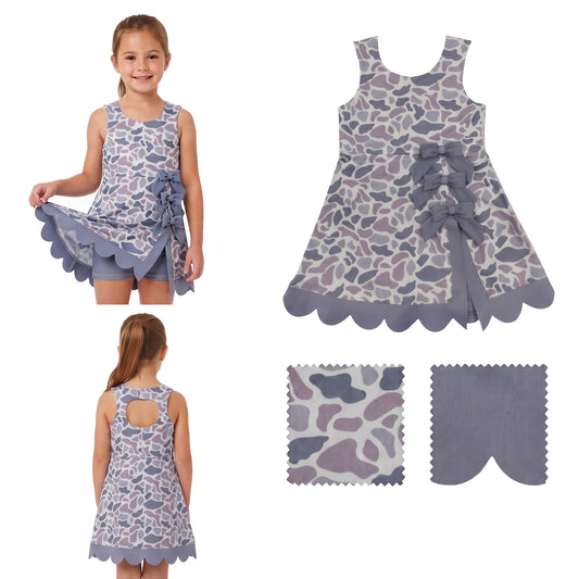 GSD4226 RTS Girls Summer Sleeveless Leopard Print Dress With Shorts Bow Scallop Hem Skort Set 202608