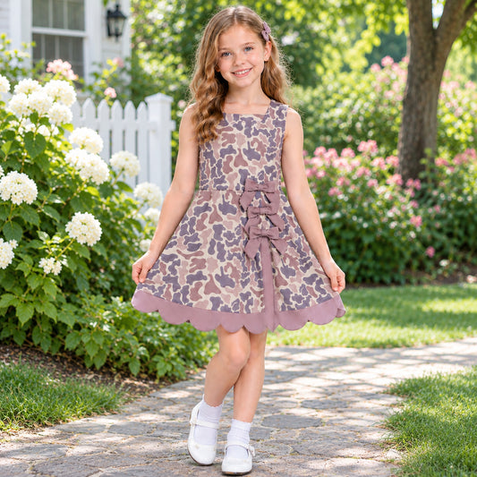 NO MOQ RTS GSD4227(1)-yoga Baby Girl Clothes Camo Pattern Mixed Print Sleeveless Bow Dress 202609