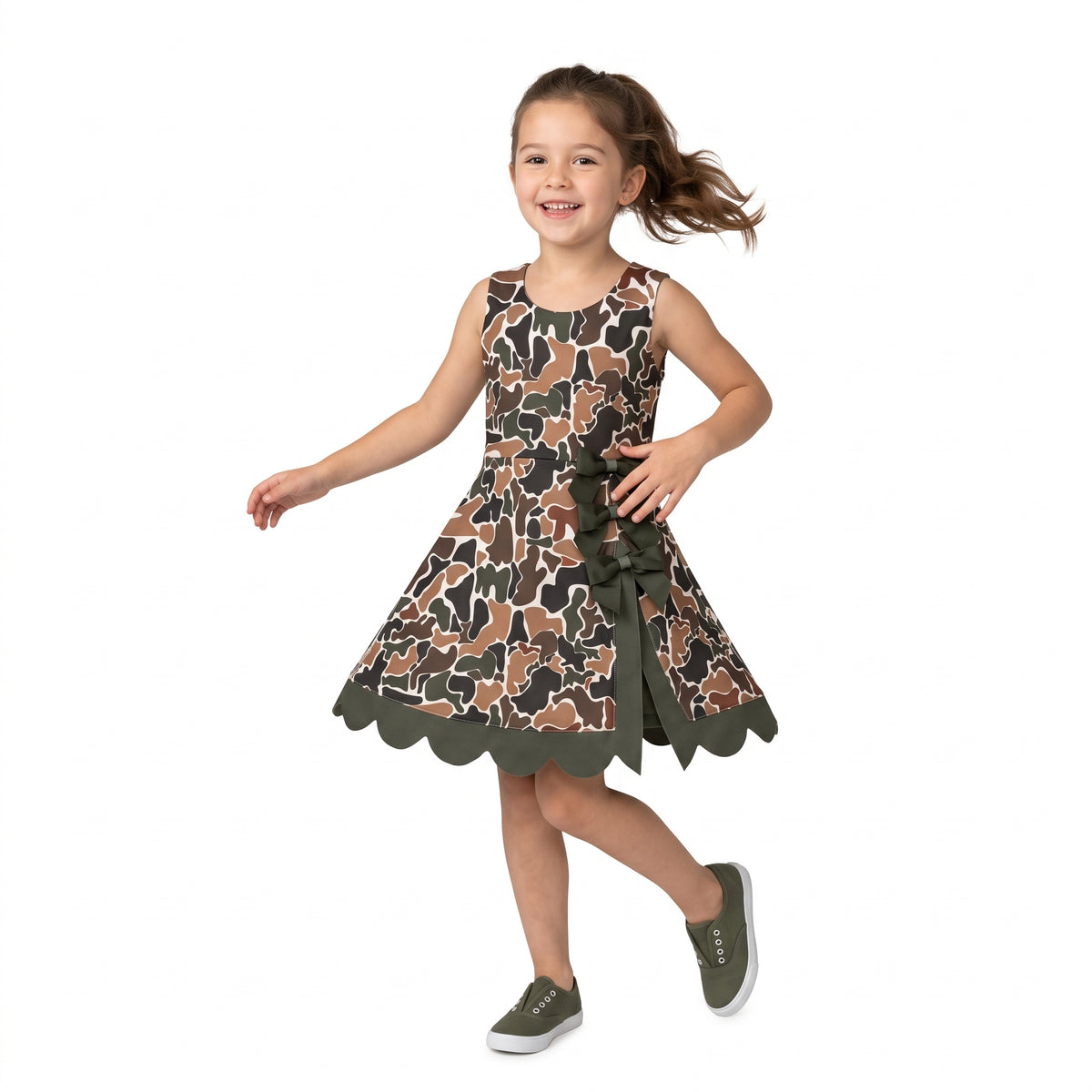 NO MOQ RTS GSD4229(1)-yoga Baby Girl Clothes Camo Full Print Sleeveless Scalloped Hem Bow Dress 202609