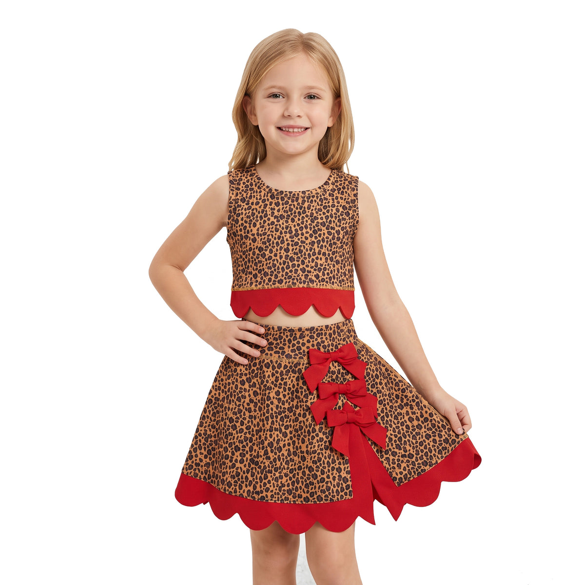 NO MOQ RTS GSD4234(1)-yoga Baby Girl Clothes Leopard Full Print Sleeveless Top Scalloped Skirt Outfit Set 202609