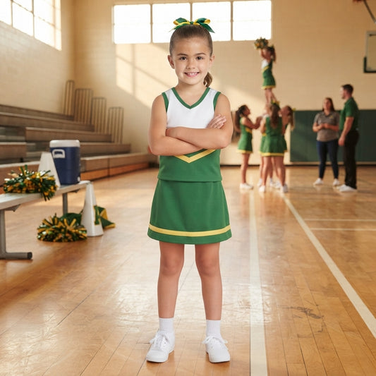 NO MOQ RTS GSD4238(1)-yoga Baby Girl Clothes Green Yellow Chevron Sleeveless Cheer Top Skirt Cheerleading Outfit 202609