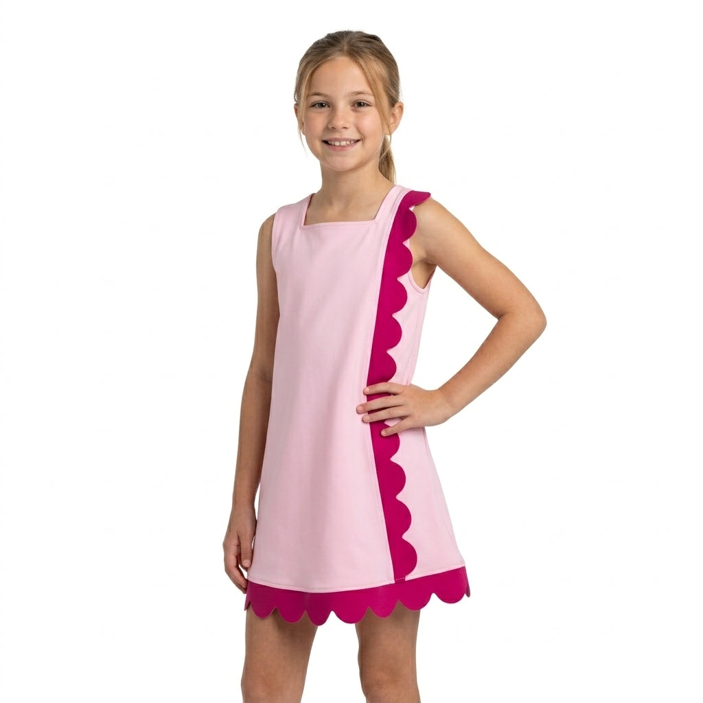 NO MOQ RTS BGSD4240(1)-scallop-yoga aby Girl Clothes Solid Pink Contrast Scallop Trim Sleeveless A Line Dress 202610