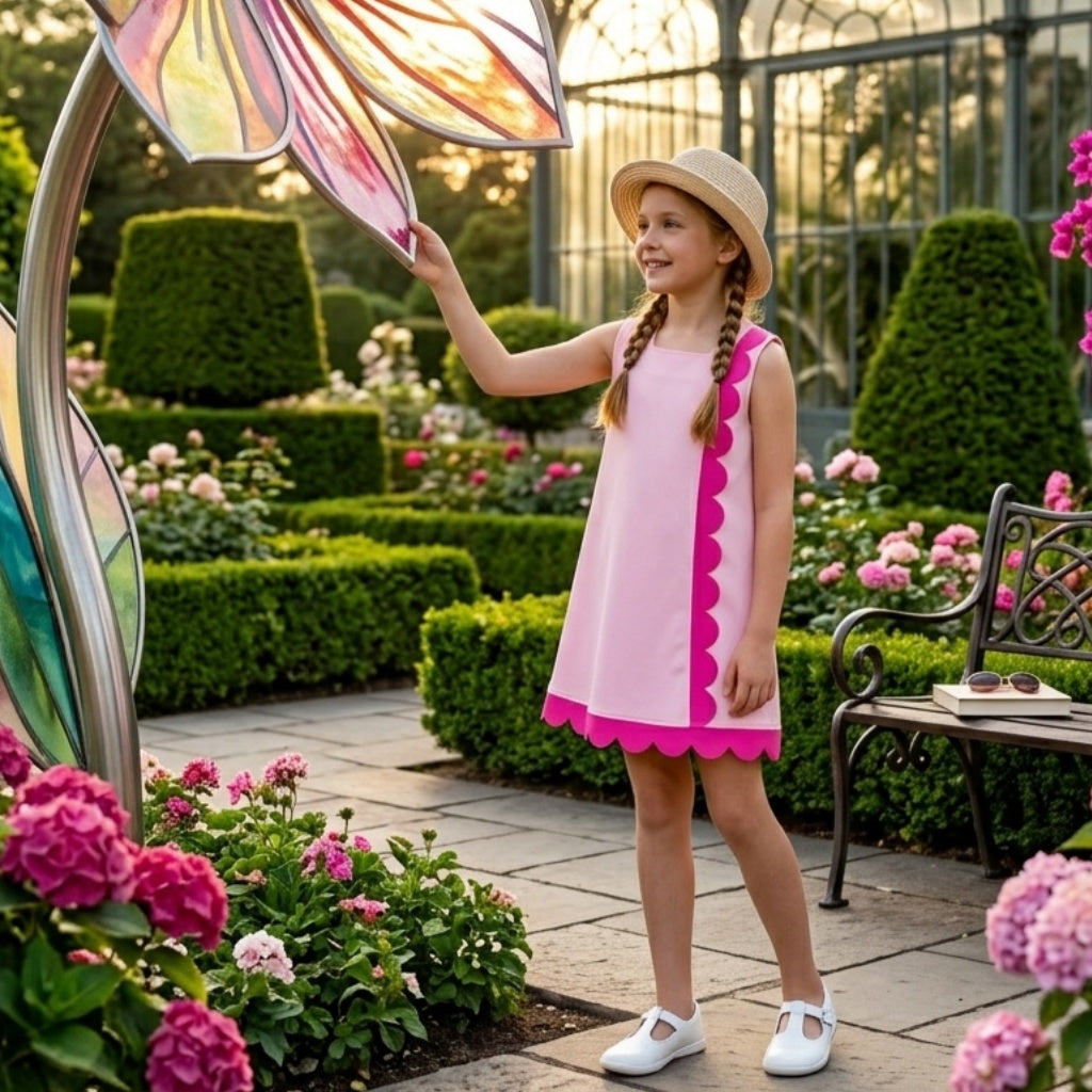 NO MOQ RTS BGSD4240(1)-scallop-yoga aby Girl Clothes Solid Pink Contrast Scallop Trim Sleeveless A Line Dress 202610