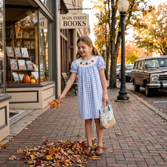 NO MOQ RTS GSD4250-smocked Baby Girl Clothes Blue Gingham Turkey Embroidery Print Short Sleeve Dress 202610
