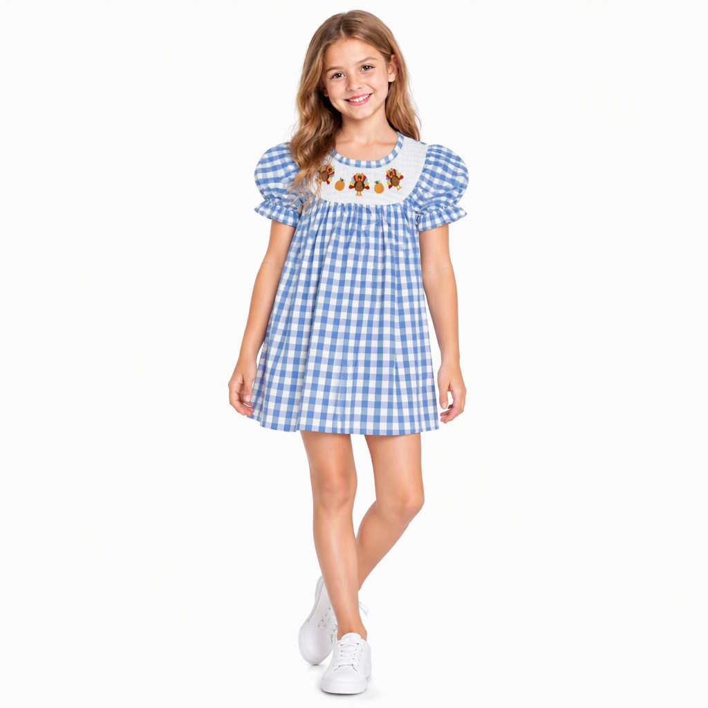 NO MOQ RTS GSD4250-smocked Baby Girl Clothes Blue Gingham Turkey Embroidery Print Short Sleeve Dress 202610