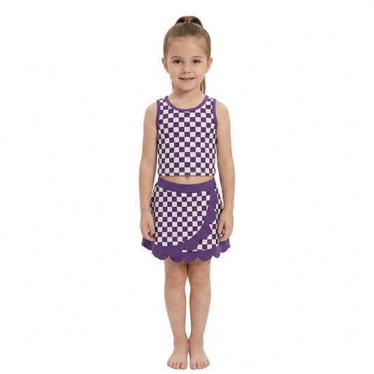 NO MOQ RTS GSD4251(1)-yoga Baby Girl Clothes Checkerboard Print Sleeveless Top And Skirt Set 202609