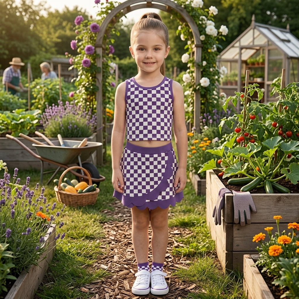 NO MOQ RTS GSD4251(1)-yoga Baby Girl Clothes Checkerboard Print Sleeveless Top And Skirt Set 202609