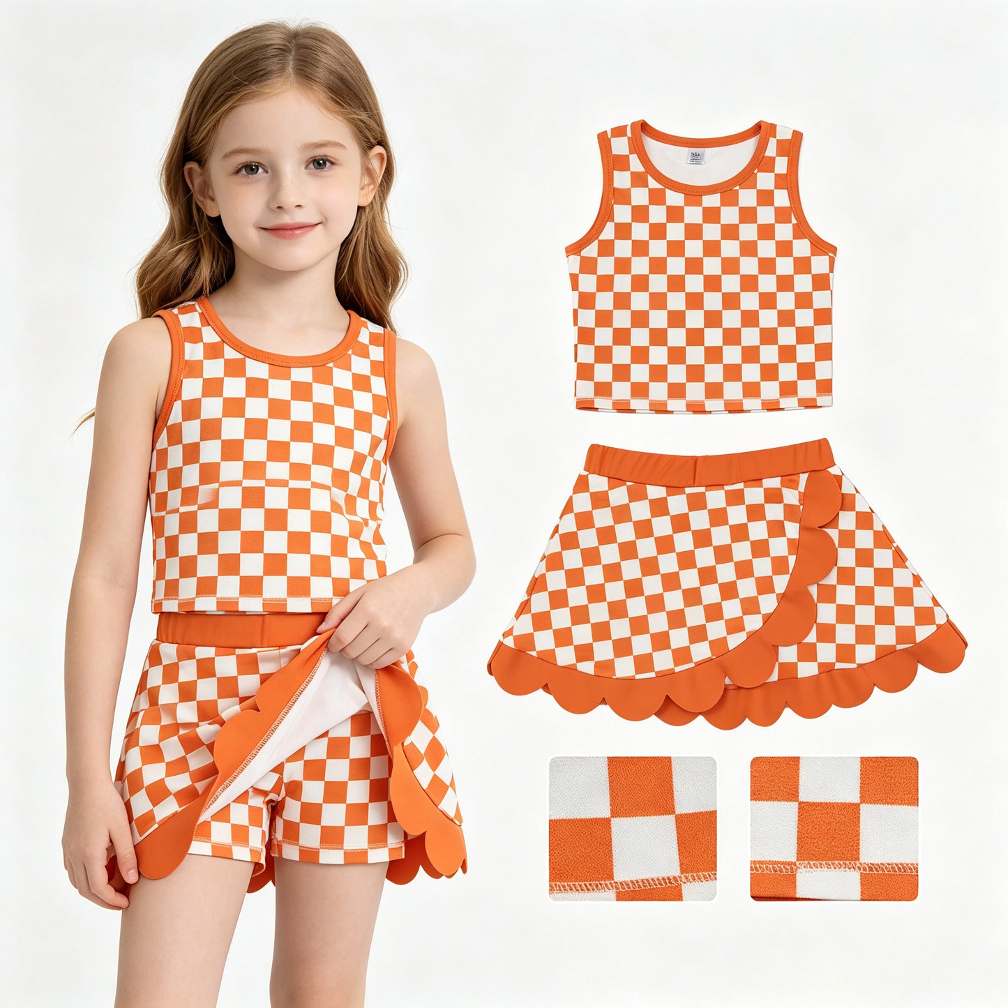 GSD4252 Orange YOGA checkboard skort girl outfit 202608 RTS