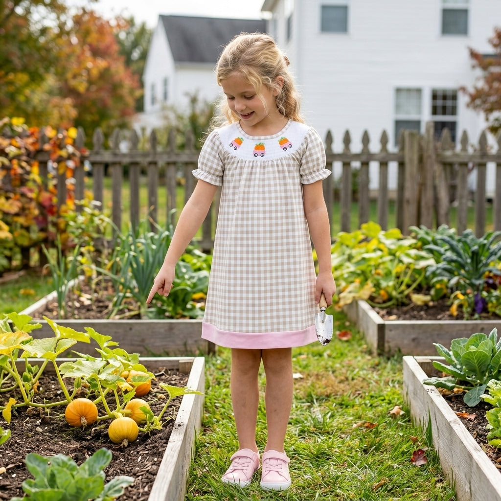 NO MOQ RTS GSD4258-smocked Baby Girl Clothes Gingham Check Embroidery Carrot Truck Allover Print Short Sleeve Dress 202610