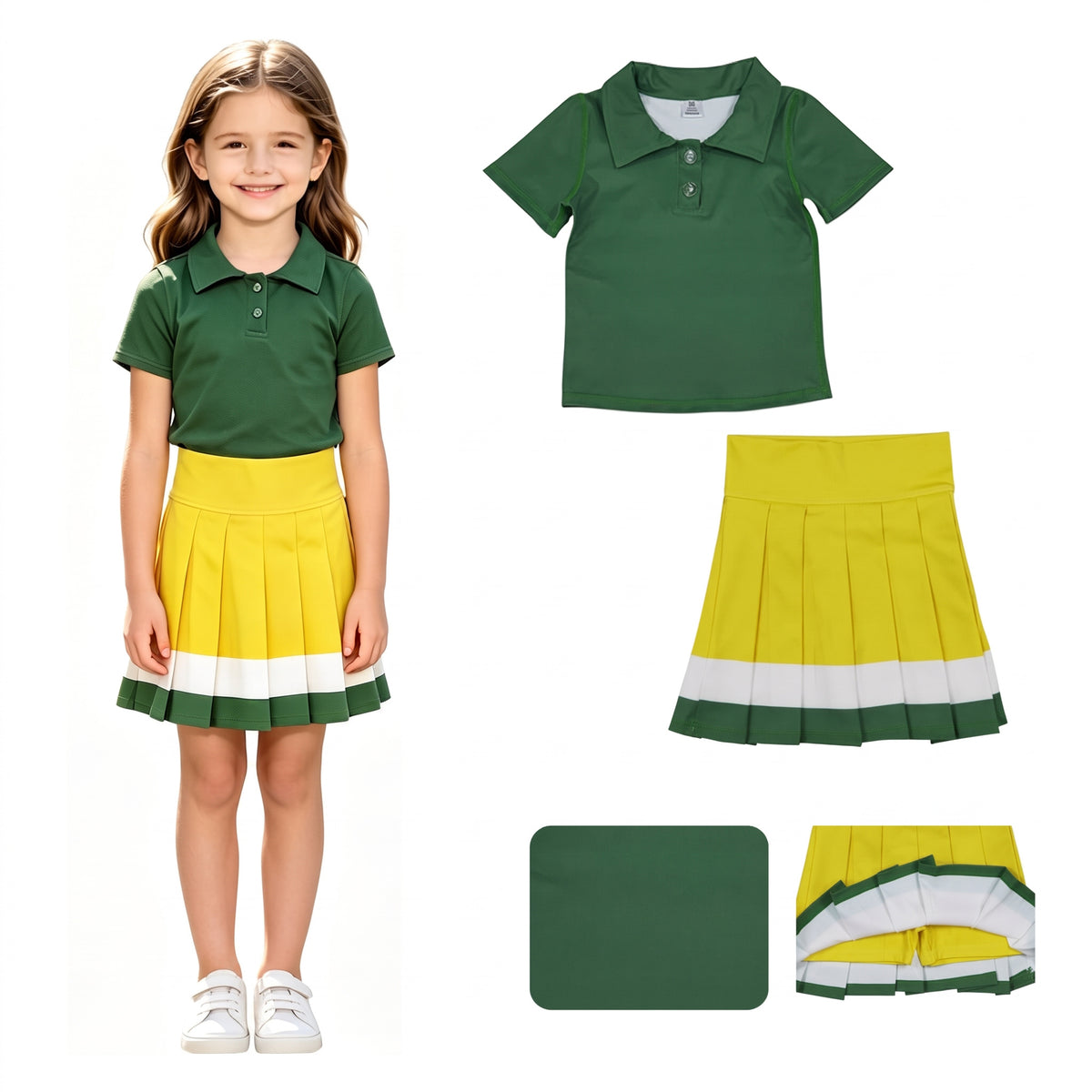 RTS GSD4261 Green Yellow Skort Set  Yoga polo westen skirt Girls Green Polo Color Block Pleated Skirt Set 202607