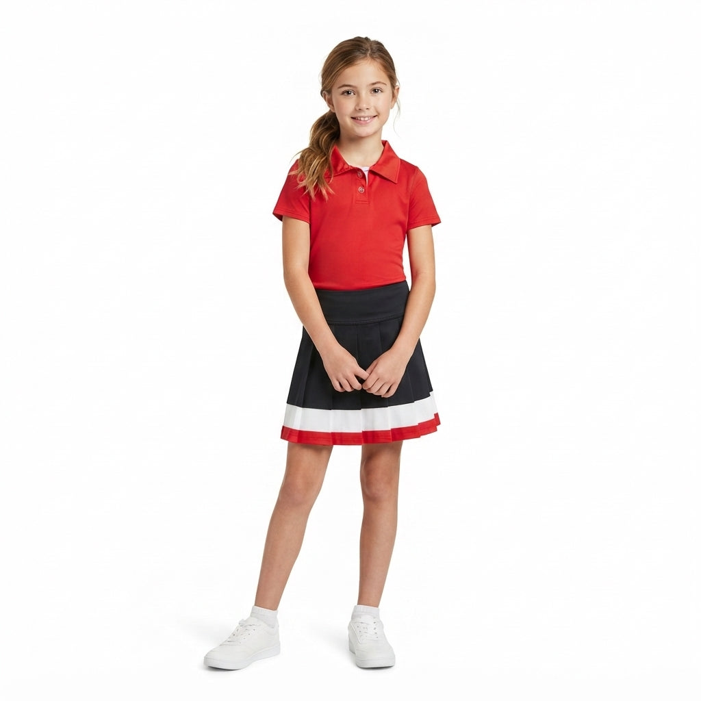 GSD4262 Red Black Skort Set  Yoga polo Little Girls Casual Preppy Matching Set red Polo Color Block Hem Tennis Skirt
