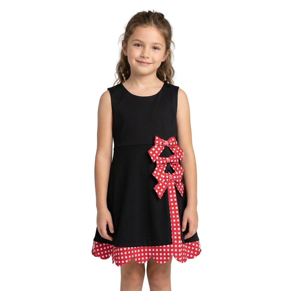 NO MOQ RTS GSD4263(1)-yoga Baby Girl Clothes Solid Black Plain Print Sleeveless Red Gingham Bow Scallop Hem Dress 202610