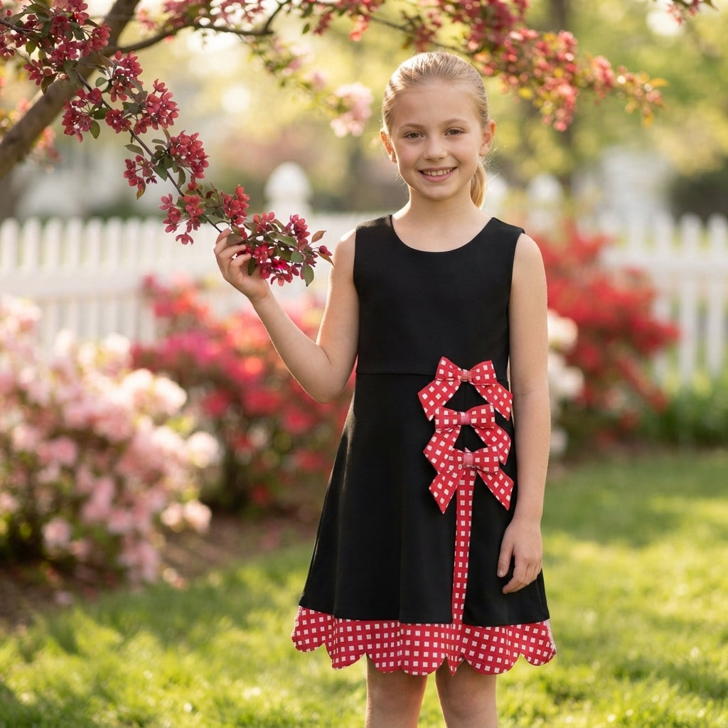 NO MOQ RTS GSD4263(1)-yoga Baby Girl Clothes Solid Black Plain Print Sleeveless Red Gingham Bow Scallop Hem Dress 202610