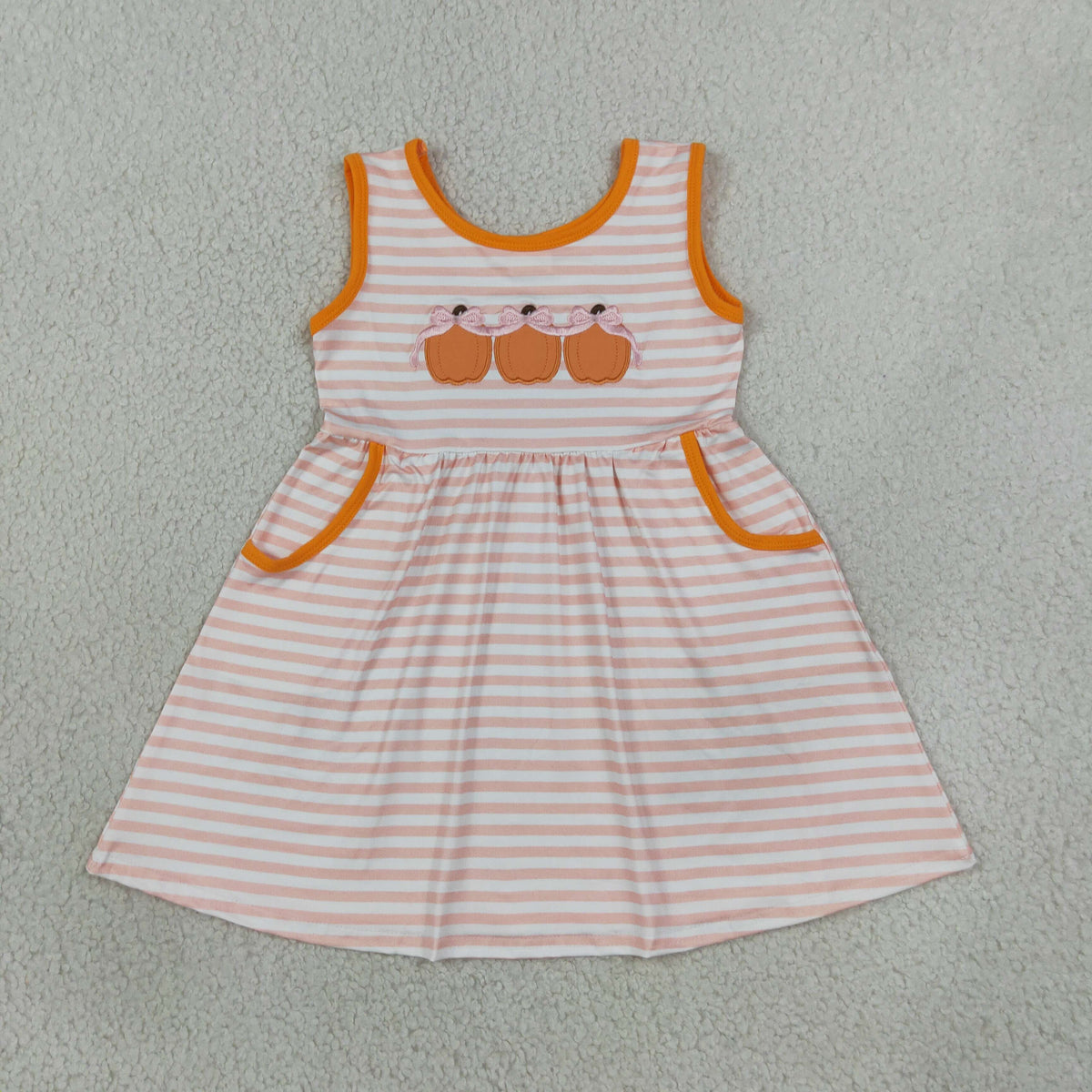 NO MOQ RTS GSD4265-embroidery Baby Girl Clothes Stripe Pumpkin Applique Sleeveless Dress 202609