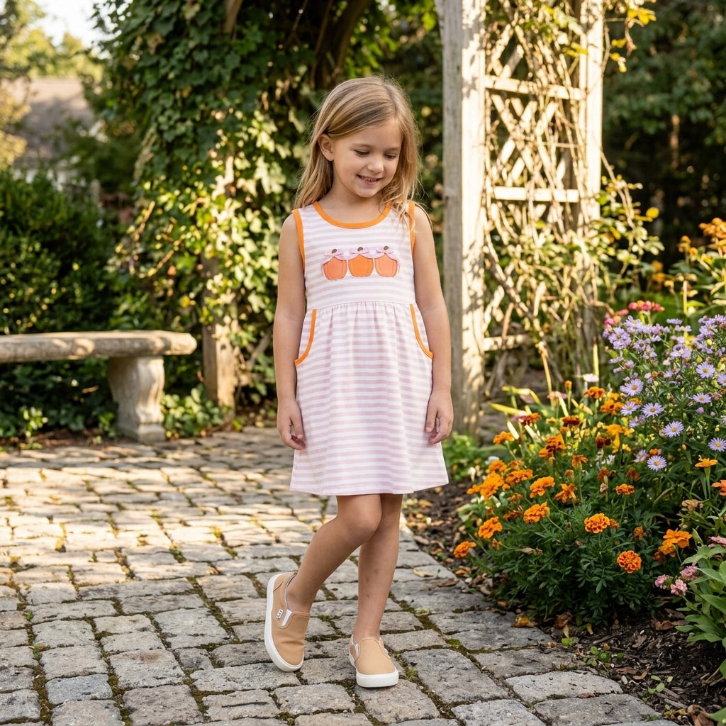 NO MOQ RTS GSD4265-embroidery Baby Girl Clothes Stripe Pumpkin Applique Sleeveless Dress 202609