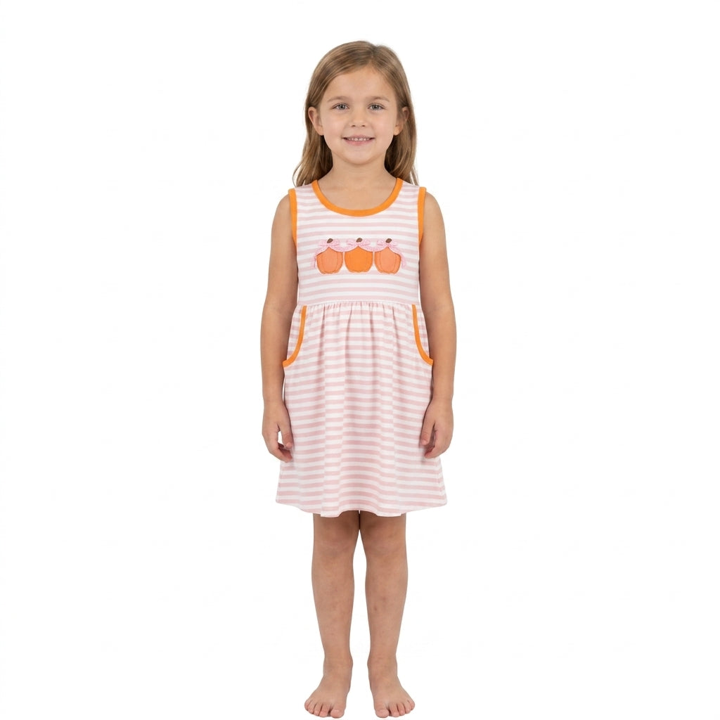 NO MOQ RTS GSD4265-embroidery Baby Girl Clothes Stripe Pumpkin Applique Sleeveless Dress 202609