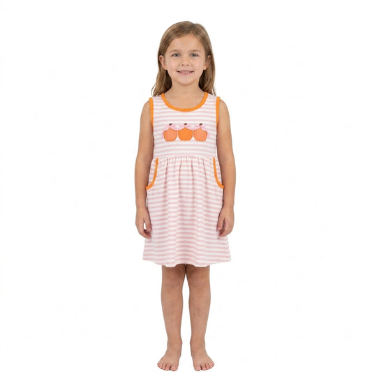 NO MOQ RTS GSD4265-embroidery Baby Girl Clothes Stripe Pumpkin Applique Sleeveless Dress 202609