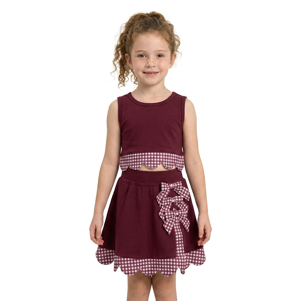 NO MOQ RTS GSD4266(2)-yoga Baby Girl Clothes Maroon Gingham Scalloped Edge Bow Sleeveless Top Skirt Set 202609