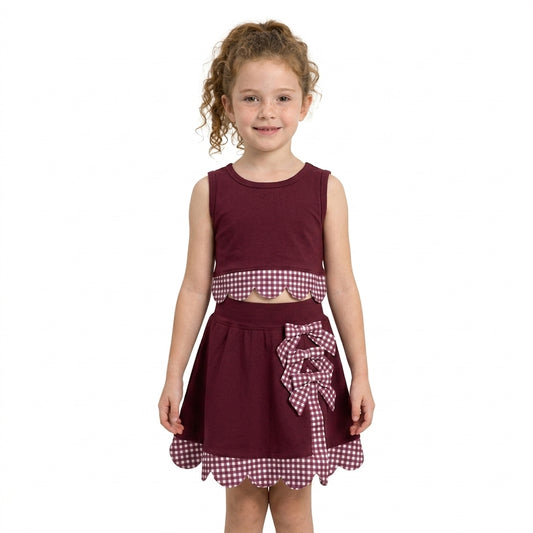 NO MOQ RTS GSD4266(2)-yoga Baby Girl Clothes Maroon Gingham Scalloped Edge Bow Sleeveless Top Skirt Set 202609