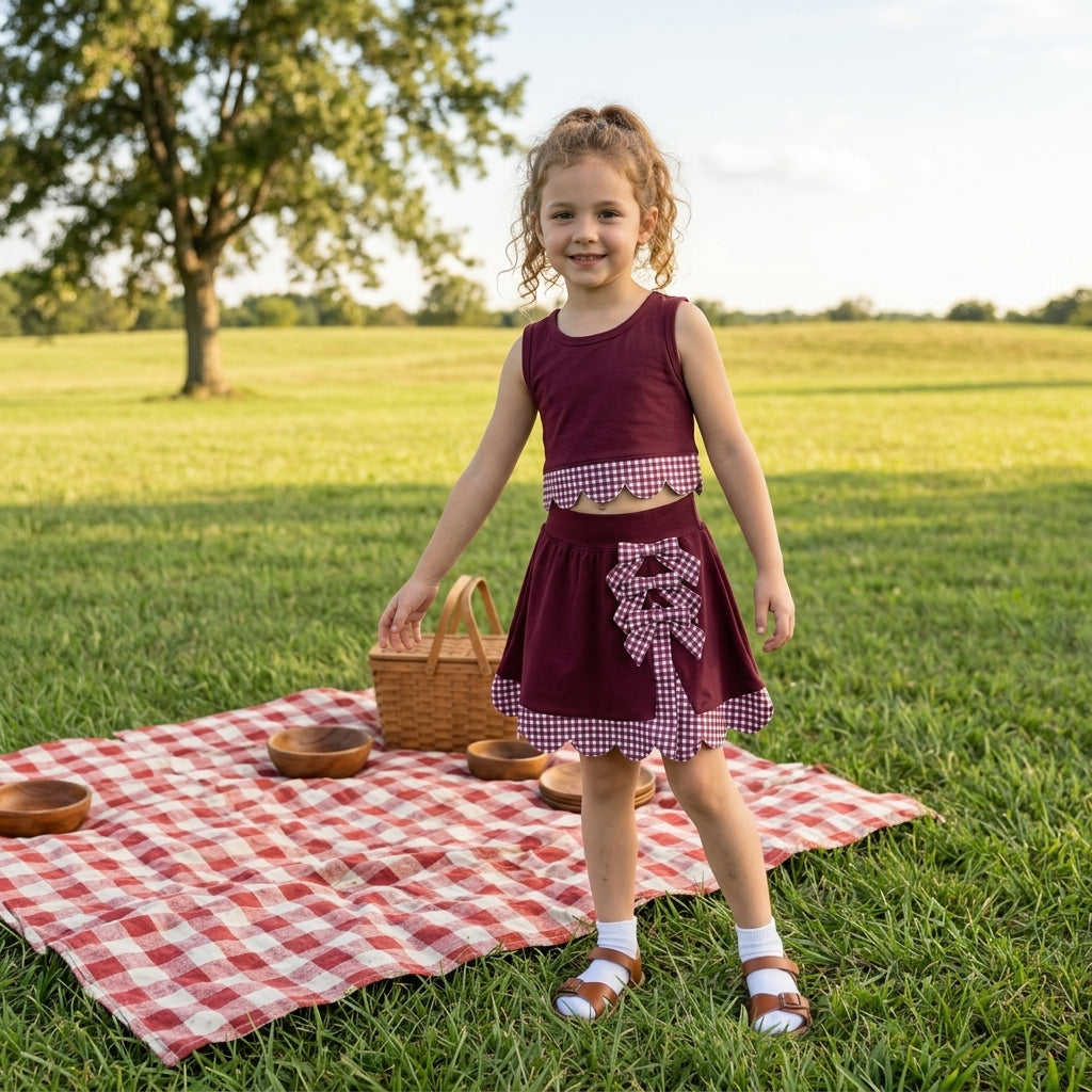 NO MOQ RTS GSD4266(2)-yoga Baby Girl Clothes Maroon Gingham Scalloped Edge Bow Sleeveless Top Skirt Set 202609