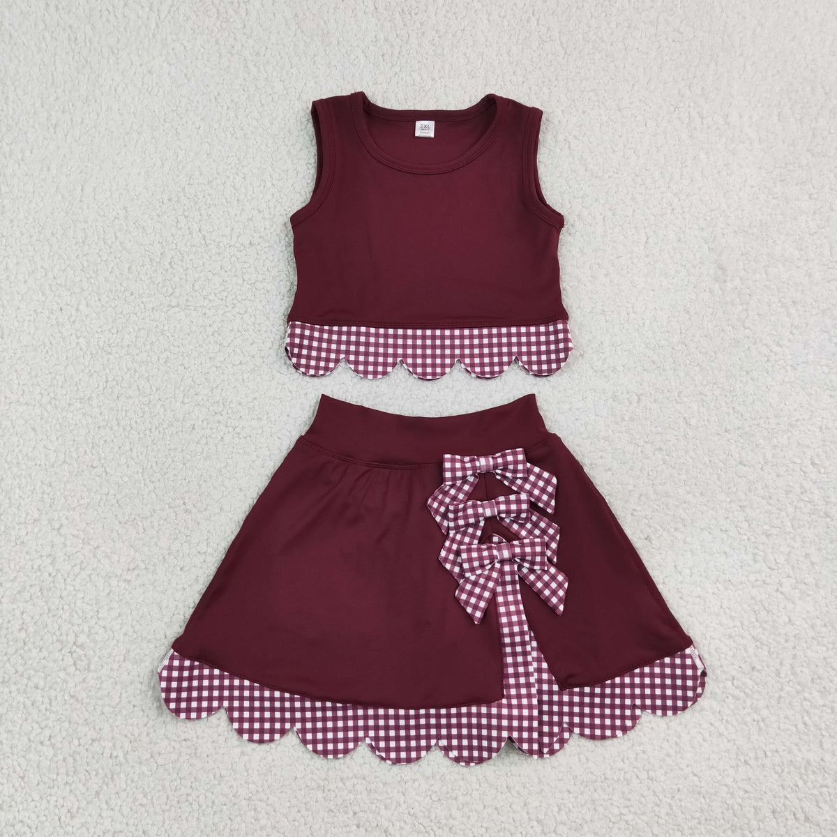 NO MOQ RTS GSD4266(2)-yoga Baby Girl Clothes Maroon Gingham Scalloped Edge Bow Sleeveless Top Skirt Set 202609
