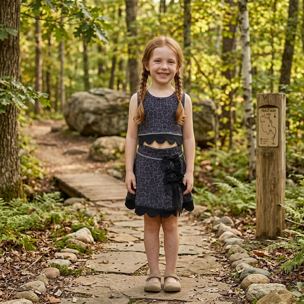 NO MOQ RTS GSD4268(1)-scallop-yoga Baby Girl Clothes Dark Grey Leopard Print Sleeveless Scallop Top Bow Skirt Set Outfit 202609