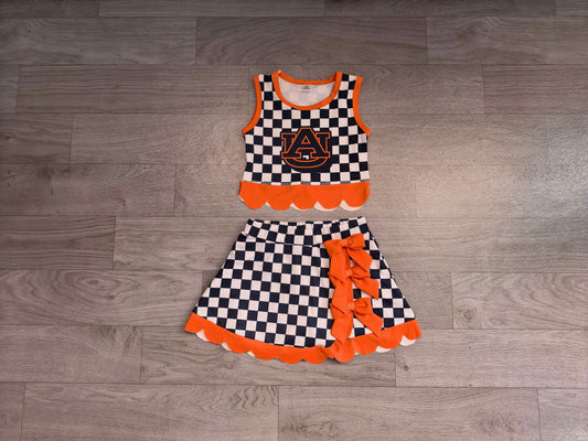 Sample-Real Pics GSD4281 Baby Girl Auburn team orange bow scalloped hem navy checkered sleeveless tank top skort yoga set