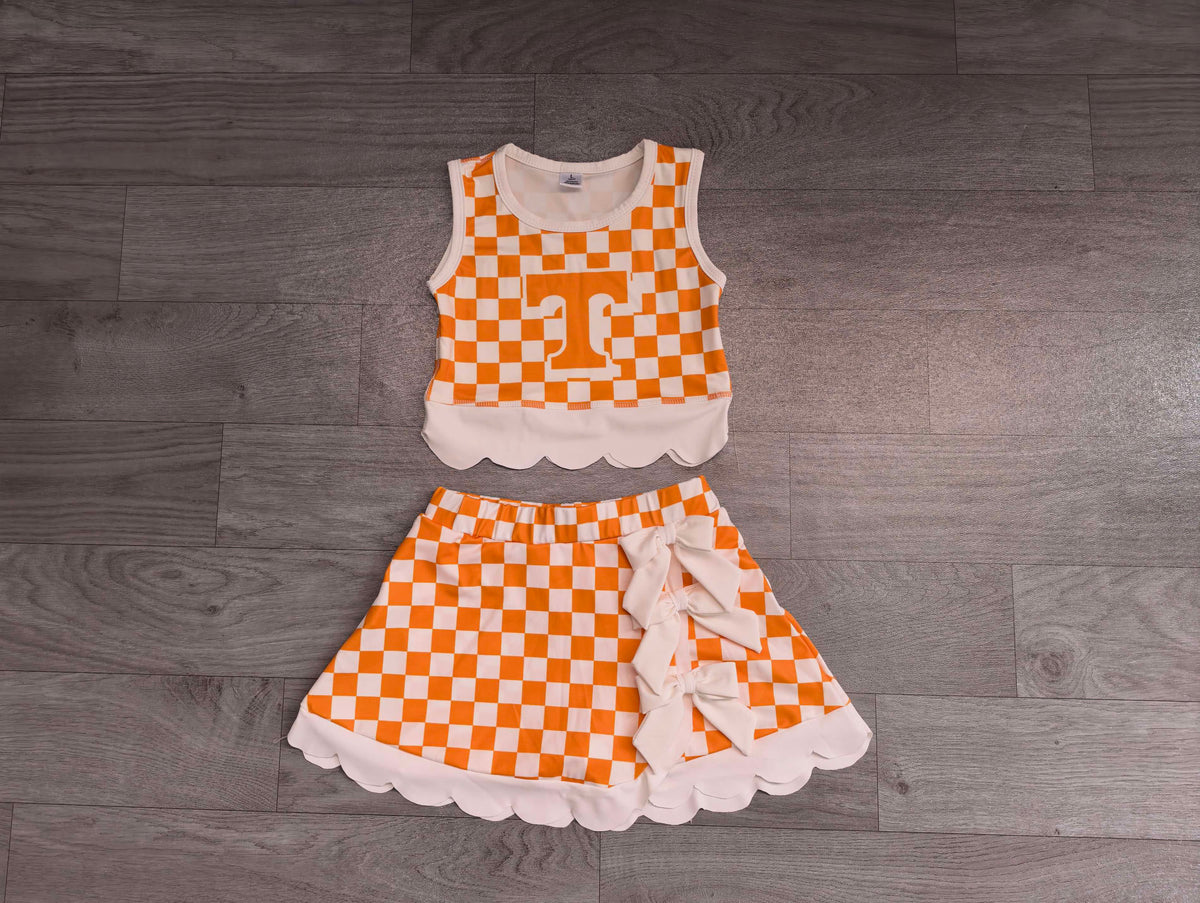 Sample-Real Pics GSD4282 Baby Girl Tennessee team white bow scalloped hem orange checkered sleeveless tank top skort yoga set