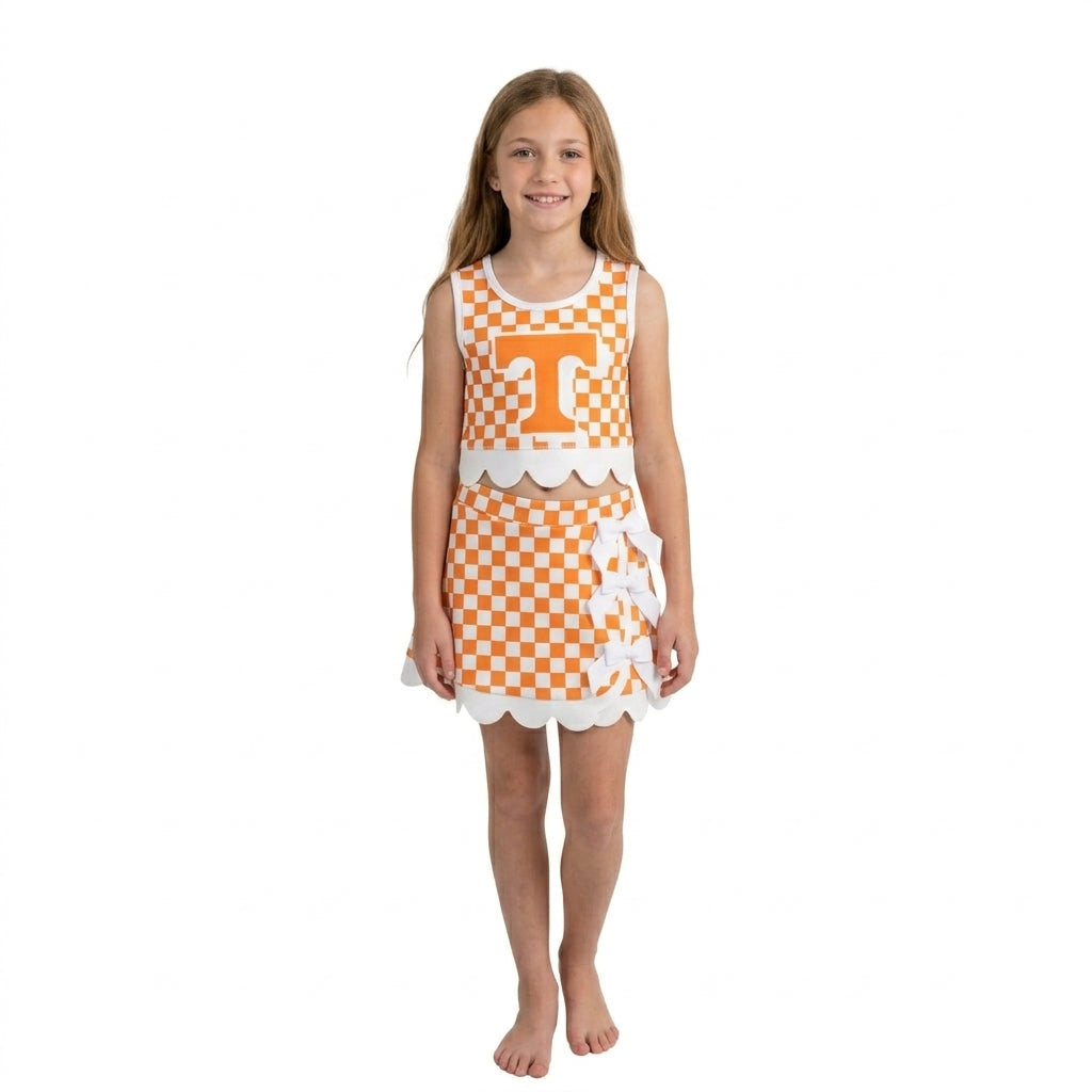 NO MOQ RTS GSD4282 Baby Girl Clothes Orange Checkerboard Letter Print Sleeveless Tank Top And Skirt Set 202610