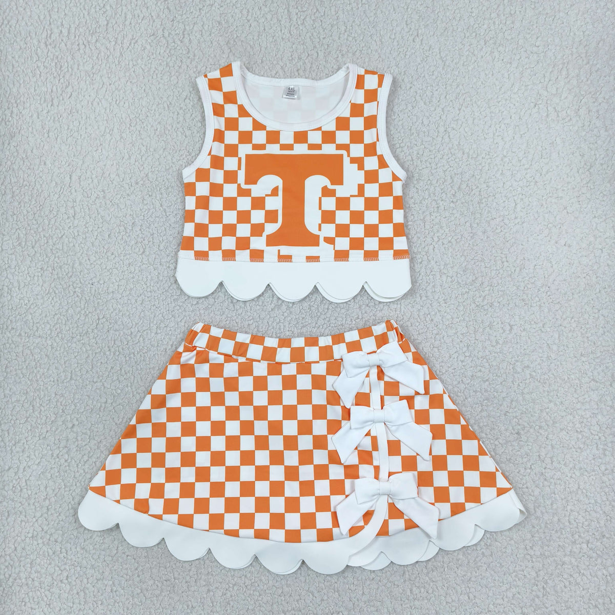 NO MOQ RTS GSD4282 Baby Girl Clothes Orange Checkerboard Letter Print Sleeveless Tank Top And Skirt Set 202610