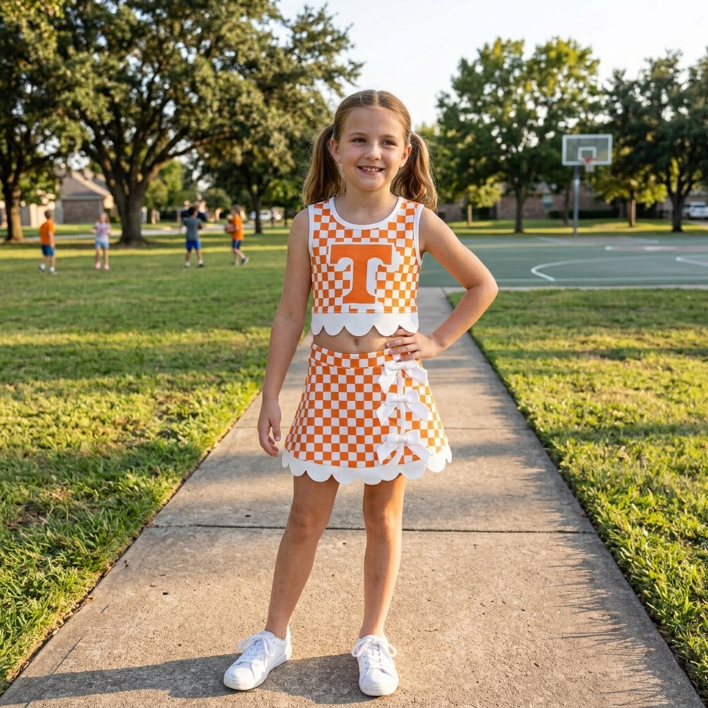 NO MOQ RTS GSD4282 Baby Girl Clothes Orange Checkerboard Letter Print Sleeveless Tank Top And Skirt Set 202610
