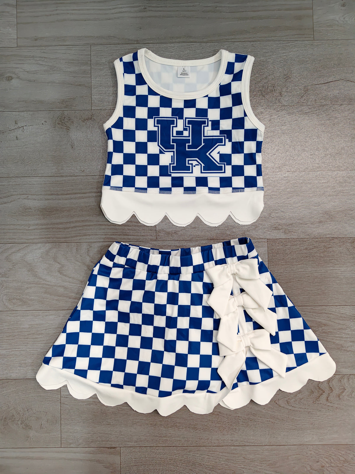 Sample-Real Pics GSD4283 Baby Girl Clothes Blue White Checkered Print Sleeveless Crop Top & Bow Skort Set