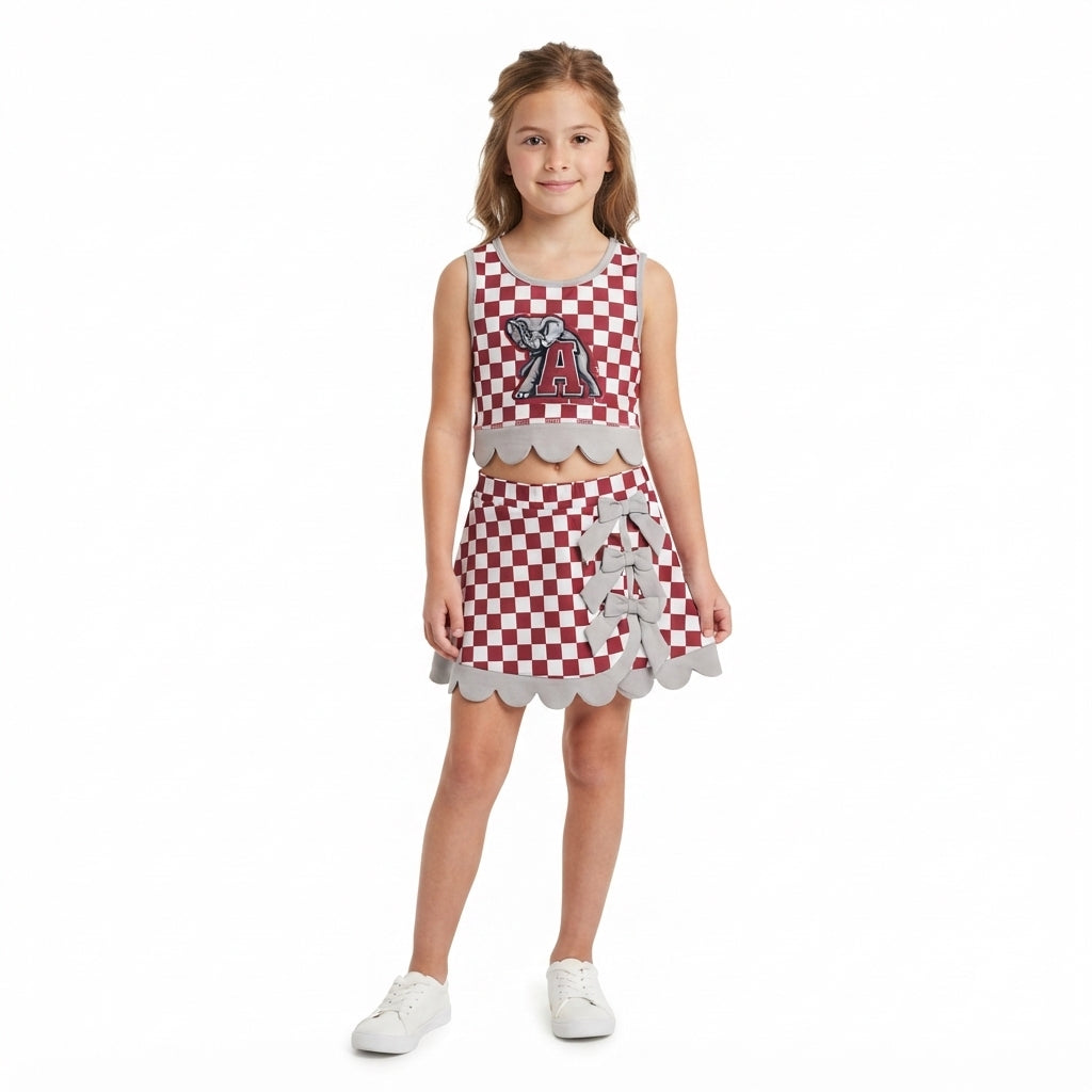 NO MOQ RTS GSD4284(1)-yoga Baby Girl Clothes Red White Checkered Allover Print Sleeveless Crop Top Skirt Set 202610
