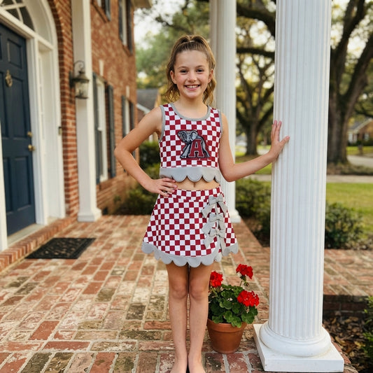 NO MOQ RTS GSD4284(1)-yoga Baby Girl Clothes Red White Checkered Allover Print Sleeveless Crop Top Skirt Set 202610