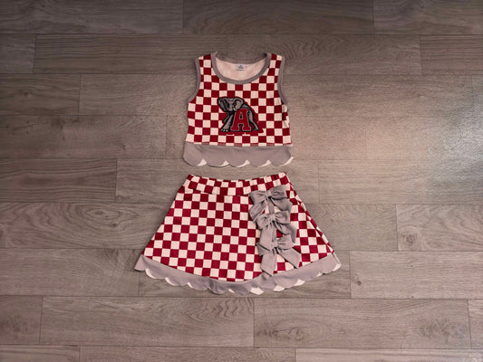 Sample-Real Pics GSD4284 Baby Girl Alabama team grey bow scalloped hem red checkered sleeveless tank top skort yoga set