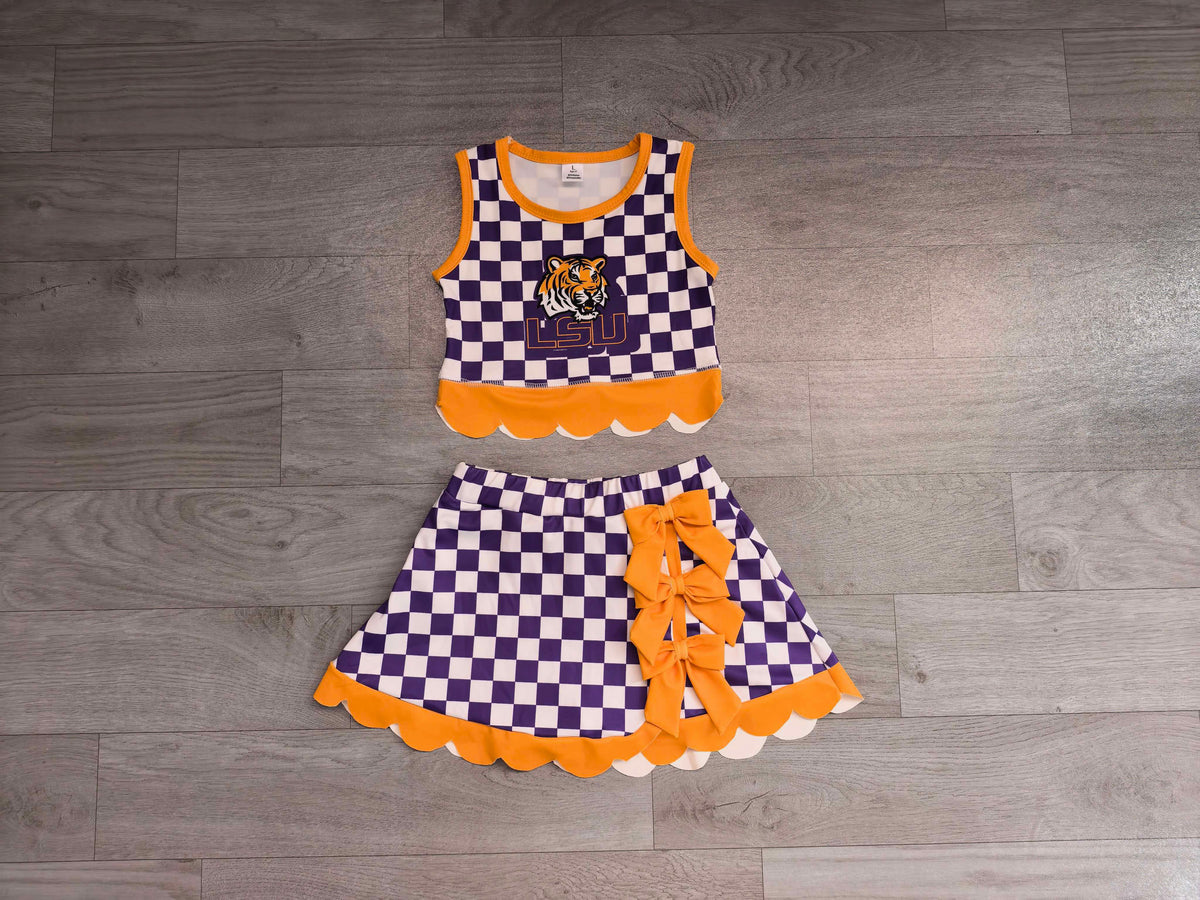 Sample-Real Pics GSD4285 Baby Girl Louisiana team yellow bow scalloped hem purple checkered sleeveless tank top skort yoga set