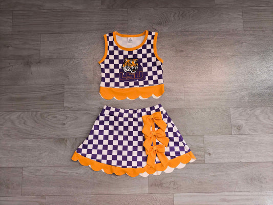 Sample-Real Pics GSD4285 Baby Girl Louisiana team yellow bow scalloped hem purple checkered sleeveless tank top skort yoga set