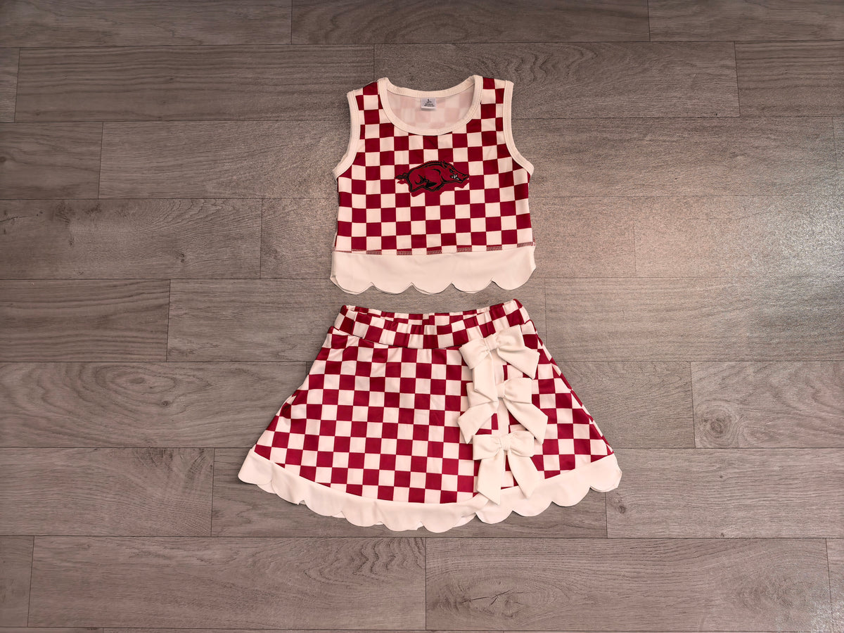 Sample-Real Pics GSD4286 Baby Girl Arkansas team white bow scalloped hem red checkered sleeveless tank top skort yoga set