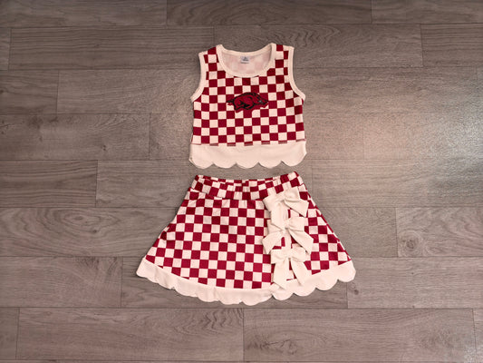 Sample-Real Pics GSD4286 Baby Girl Arkansas team white bow scalloped hem red checkered sleeveless tank top skort yoga set